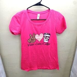 Peace Love Coffee Shirt Women's Small Short Sleeve Pink